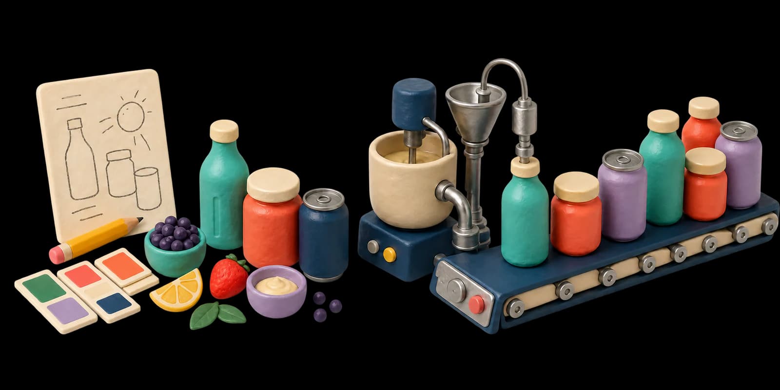 A clay diorama moving from a product sketch and samples to mixing, filling, and finished unbranded products